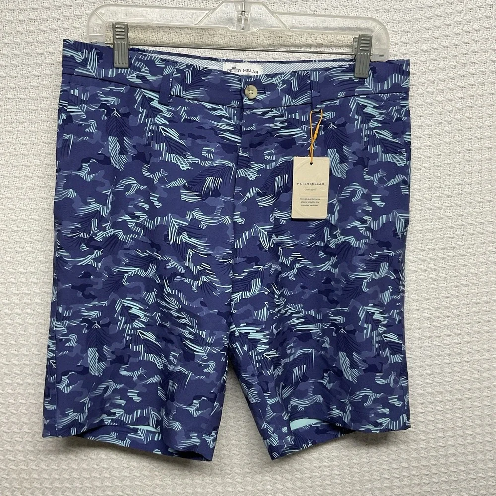 Peter Millar Mens 30 Salem Tropical Camo Performance Shorts $115 Flat Front Blue